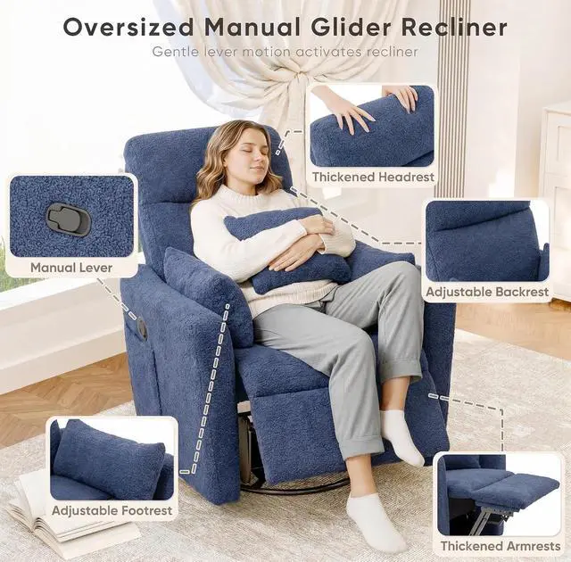Alt view image 6 of 7 - Swivel Recliner Chair, Massage Nursery Rocking Chair with 2 Pillows, Comfy Single Sofa Glider Rocking Chair with Side Pockets for Living Room (Fabric, Blue)