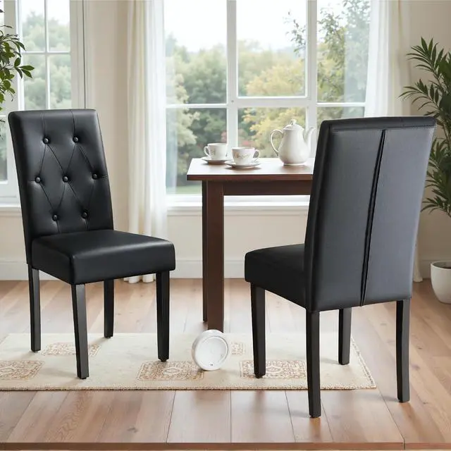 Main image of Upholstered Dining Chairs Set of 2, PU Leather Dinning Room Chairs, Button Tufted Kitchen Chairs with Adjustable Wood Legs for Dining Room/Living Room/Restaurant (Leather Black, 2)