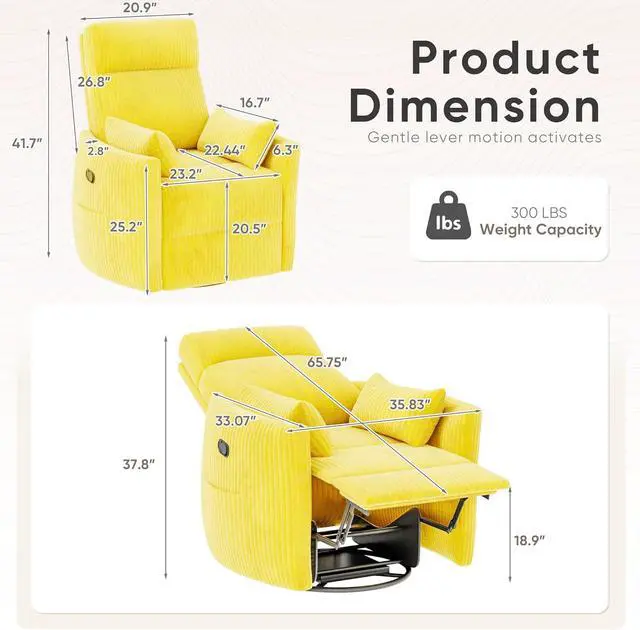 Alt view image 2 of 7 - Swivel Recliner Chair, Massage Nursery Rocking Chair with 2 Pillows, Comfy Single Sofa Glider Rocking Chair with Side Pockets for Living Room (Corduroy, Yellow)