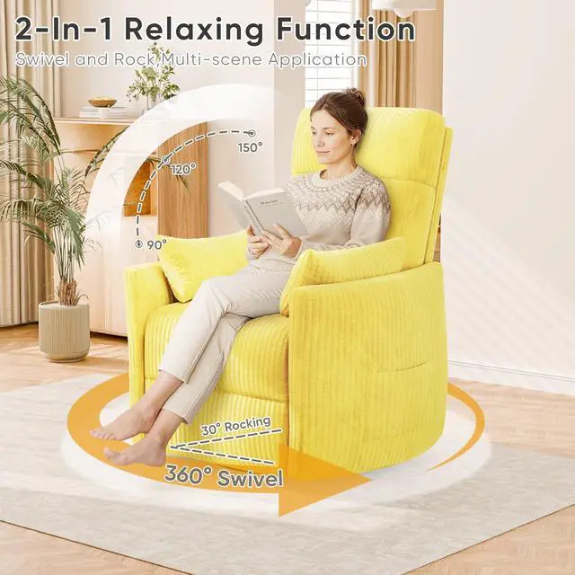 Alt view image 3 of 7 - Swivel Recliner Chair, Massage Nursery Rocking Chair with 2 Pillows, Comfy Single Sofa Glider Rocking Chair with Side Pockets for Living Room (Corduroy, Yellow)