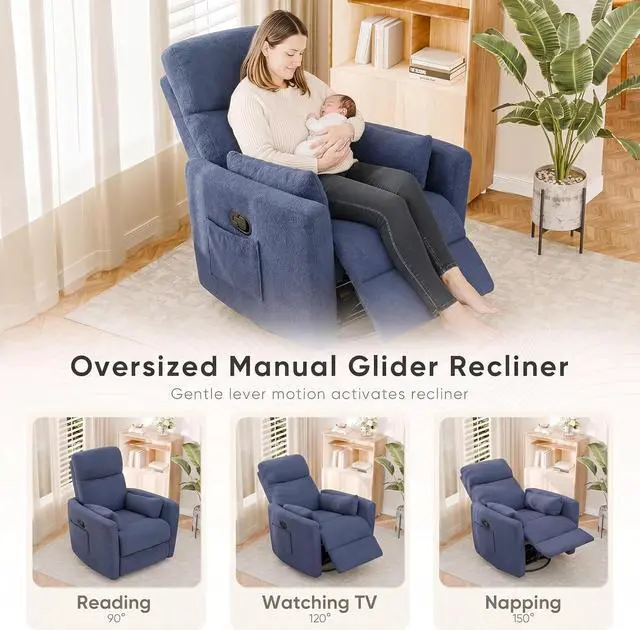 Alt view image 7 of 7 - Swivel Recliner Chair, Massage Nursery Rocking Chair with 2 Pillows, Comfy Single Sofa Glider Rocking Chair with Side Pockets for Living Room (Fabric, Blue)