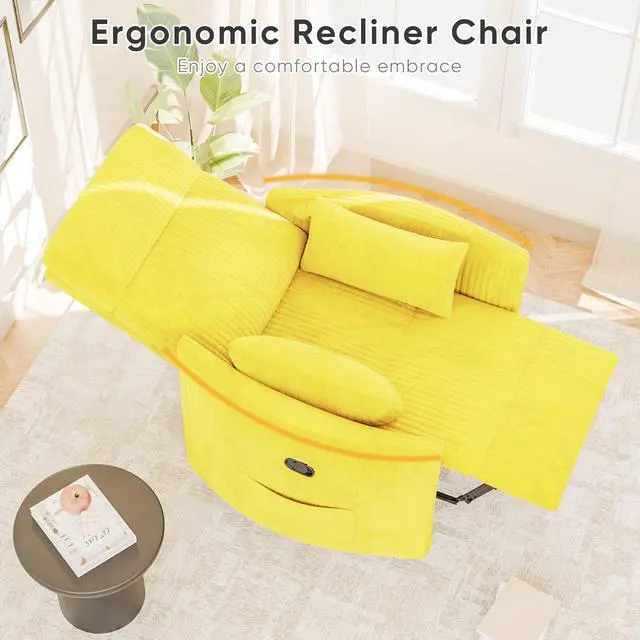 Alt view image 4 of 7 - Swivel Recliner Chair, Massage Nursery Rocking Chair with 2 Pillows, Comfy Single Sofa Glider Rocking Chair with Side Pockets for Living Room (Corduroy, Yellow)