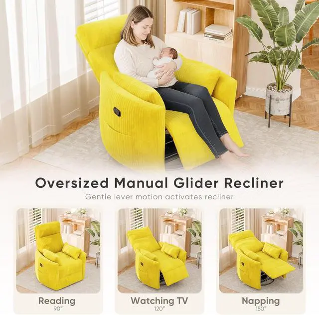 Alt view image 5 of 7 - Swivel Recliner Chair, Massage Nursery Rocking Chair with 2 Pillows, Comfy Single Sofa Glider Rocking Chair with Side Pockets for Living Room (Corduroy, Yellow)