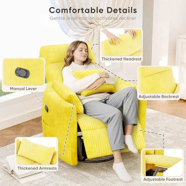 Alt view image 6 of 7 - Swivel Recliner Chair, Massage Nursery Rocking Chair with 2 Pillows, Comfy Single Sofa Glider Rocking Chair with Side Pockets for Living Room (Corduroy, Yellow)