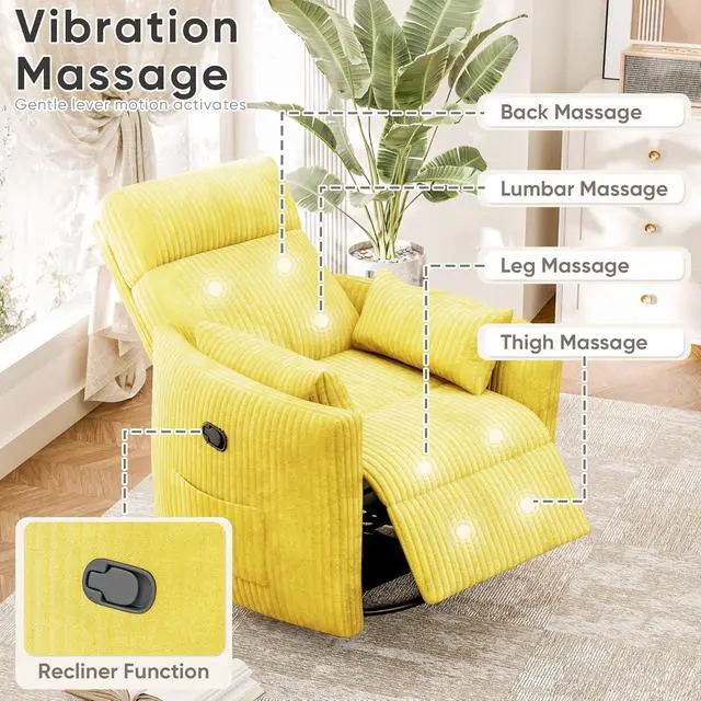 Alt view image 7 of 7 - Swivel Recliner Chair, Massage Nursery Rocking Chair with 2 Pillows, Comfy Single Sofa Glider Rocking Chair with Side Pockets for Living Room (Corduroy, Yellow)