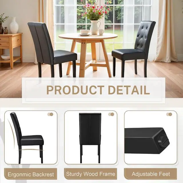 Alt view image 4 of 7 - Upholstered Dining Chairs Set of 2, PU Leather Dinning Room Chairs, Button Tufted Kitchen Chairs with Adjustable Wood Legs for Dining Room/Living Room/Restaurant (Leather Black, 2)