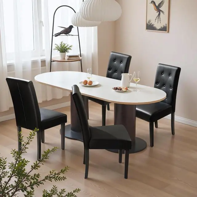 Alt view image 5 of 7 - Upholstered Dining Chairs Set of 2, PU Leather Dinning Room Chairs, Button Tufted Kitchen Chairs with Adjustable Wood Legs for Dining Room/Living Room/Restaurant (Leather Black, 2)