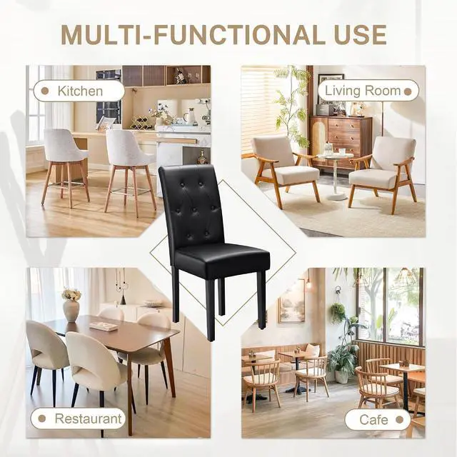 Alt view image 6 of 7 - Upholstered Dining Chairs Set of 2, PU Leather Dinning Room Chairs, Button Tufted Kitchen Chairs with Adjustable Wood Legs for Dining Room/Living Room/Restaurant (Leather Black, 2)