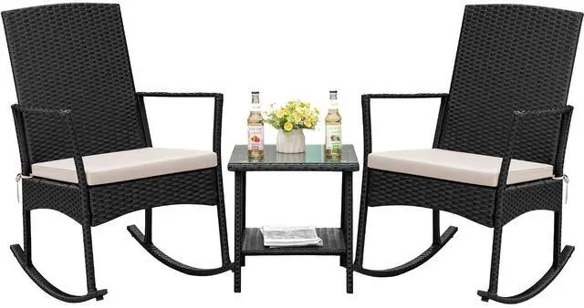 Main image of Rocking Chair Outdoor PE Rattan Patio Chairs with Glass Table High Back Porch Rocker for Balcony, Garden, Backyard (Beige)
