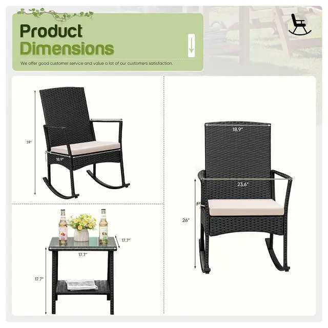 Alt view image 3 of 7 - Rocking Chair Outdoor PE Rattan Patio Chairs with Glass Table High Back Porch Rocker for Balcony, Garden, Backyard (Beige)