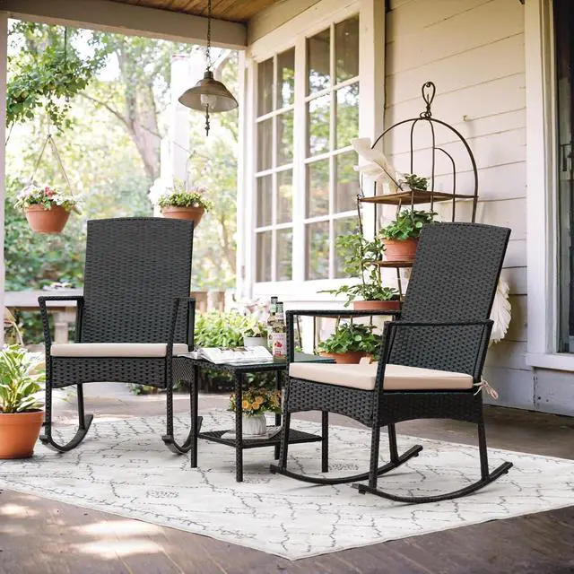 Alt view image 2 of 7 - Rocking Chair Outdoor PE Rattan Patio Chairs with Glass Table High Back Porch Rocker for Balcony, Garden, Backyard (Beige)