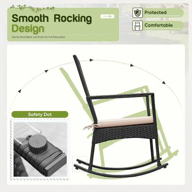 Alt view image 4 of 7 - Rocking Chair Outdoor PE Rattan Patio Chairs with Glass Table High Back Porch Rocker for Balcony, Garden, Backyard (Beige)