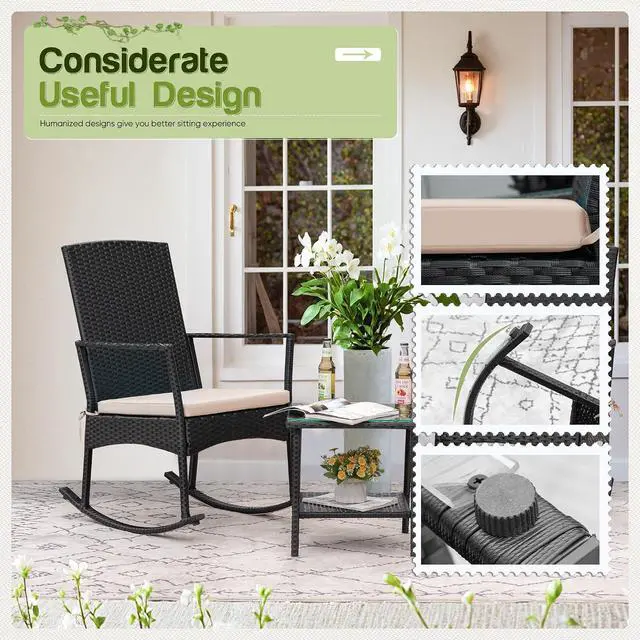 Alt view image 5 of 7 - Rocking Chair Outdoor PE Rattan Patio Chairs with Glass Table High Back Porch Rocker for Balcony, Garden, Backyard (Beige)