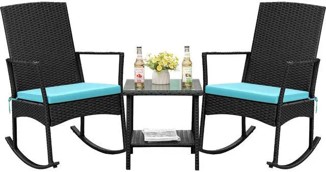 Main image of Rocking Chair Outdoor PE Rattan Patio Chairs with Glass Table High Back Porch Rocker for Balcony, Garden, Backyard (Blue)