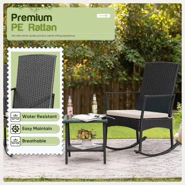 Alt view image 6 of 7 - Rocking Chair Outdoor PE Rattan Patio Chairs with Glass Table High Back Porch Rocker for Balcony, Garden, Backyard (Beige)