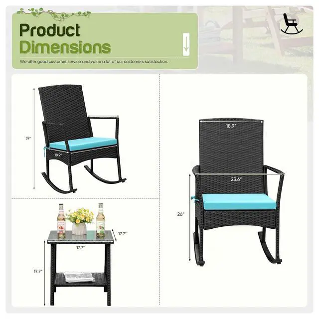 Alt view image 3 of 7 - Rocking Chair Outdoor PE Rattan Patio Chairs with Glass Table High Back Porch Rocker for Balcony, Garden, Backyard (Blue)