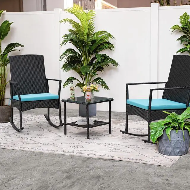 Alt view image 2 of 7 - Rocking Chair Outdoor PE Rattan Patio Chairs with Glass Table High Back Porch Rocker for Balcony, Garden, Backyard (Blue)