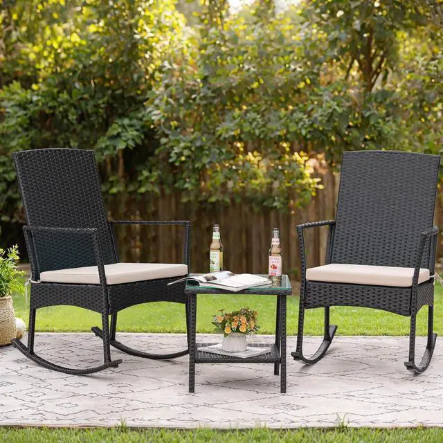 Alt view image 7 of 7 - Rocking Chair Outdoor PE Rattan Patio Chairs with Glass Table High Back Porch Rocker for Balcony, Garden, Backyard (Beige)