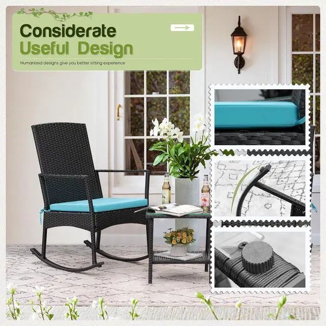 Alt view image 5 of 7 - Rocking Chair Outdoor PE Rattan Patio Chairs with Glass Table High Back Porch Rocker for Balcony, Garden, Backyard (Blue)