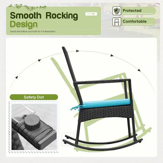 Alt view image 4 of 7 - Rocking Chair Outdoor PE Rattan Patio Chairs with Glass Table High Back Porch Rocker for Balcony, Garden, Backyard (Blue)