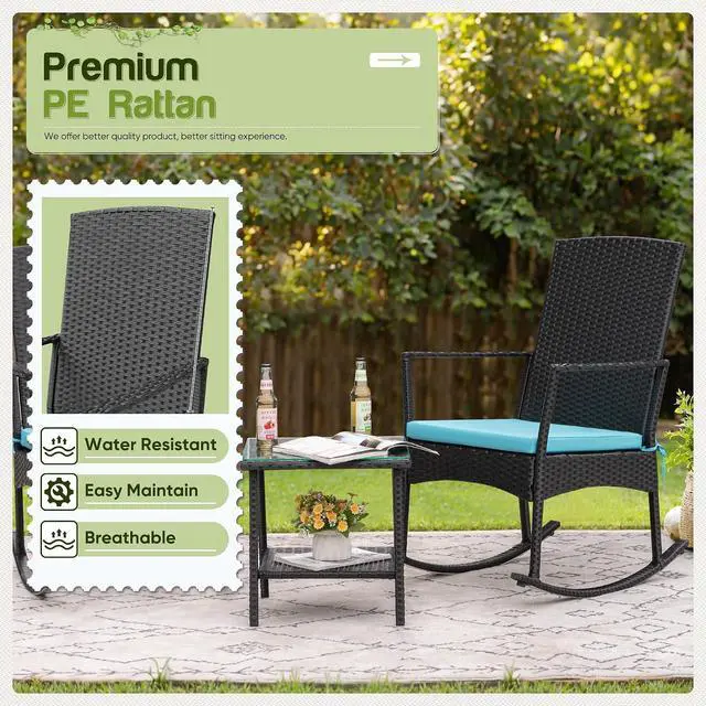 Alt view image 6 of 7 - Rocking Chair Outdoor PE Rattan Patio Chairs with Glass Table High Back Porch Rocker for Balcony, Garden, Backyard (Blue)