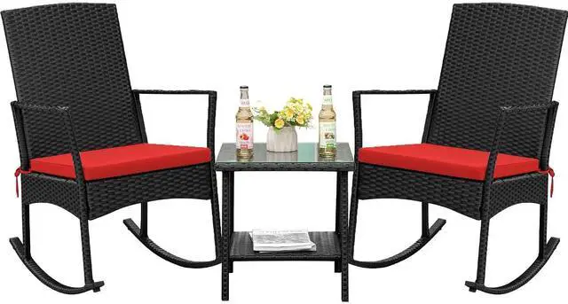 Main image of Rocking Chair Outdoor PE Rattan Patio Chairs with Glass Table High Back Porch Rocker for Balcony, Garden, Backyard (Red)
