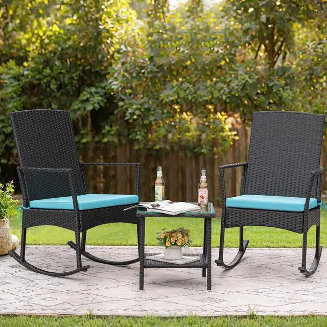 Alt view image 7 of 7 - Rocking Chair Outdoor PE Rattan Patio Chairs with Glass Table High Back Porch Rocker for Balcony, Garden, Backyard (Blue)