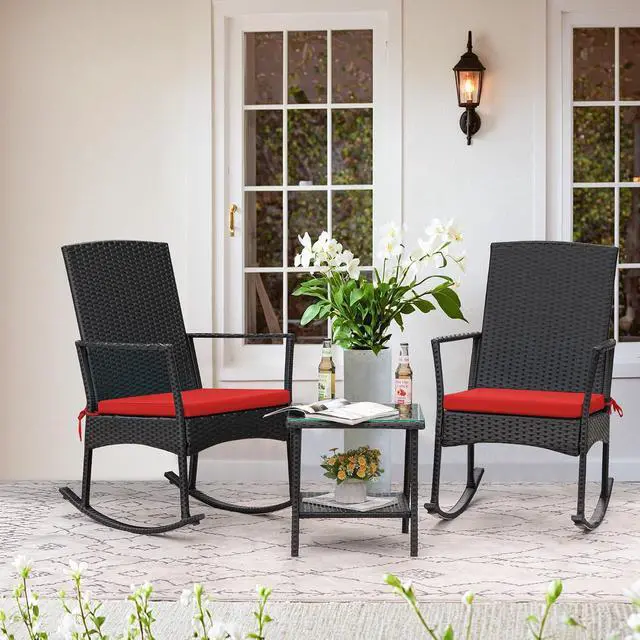 Alt view image 2 of 7 - Rocking Chair Outdoor PE Rattan Patio Chairs with Glass Table High Back Porch Rocker for Balcony, Garden, Backyard (Red)