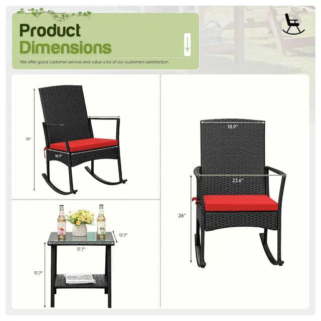 Alt view image 3 of 7 - Rocking Chair Outdoor PE Rattan Patio Chairs with Glass Table High Back Porch Rocker for Balcony, Garden, Backyard (Red)