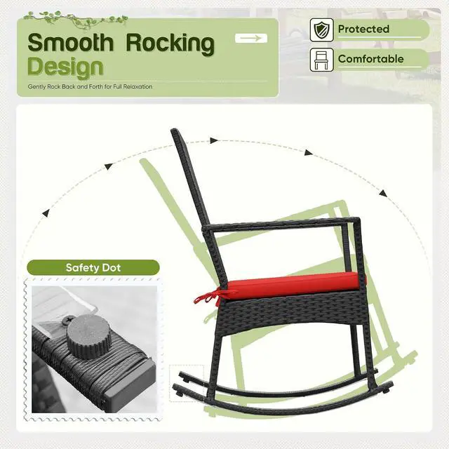 Alt view image 4 of 7 - Rocking Chair Outdoor PE Rattan Patio Chairs with Glass Table High Back Porch Rocker for Balcony, Garden, Backyard (Red)