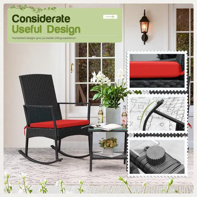 Alt view image 5 of 7 - Rocking Chair Outdoor PE Rattan Patio Chairs with Glass Table High Back Porch Rocker for Balcony, Garden, Backyard (Red)