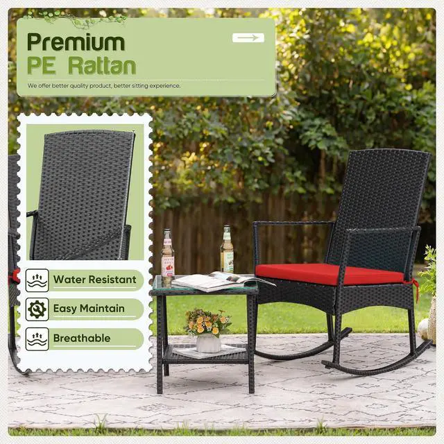 Alt view image 6 of 7 - Rocking Chair Outdoor PE Rattan Patio Chairs with Glass Table High Back Porch Rocker for Balcony, Garden, Backyard (Red)