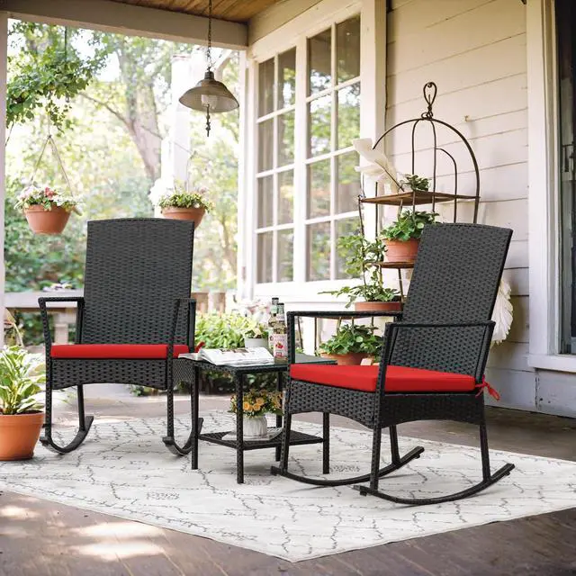 Alt view image 7 of 7 - Rocking Chair Outdoor PE Rattan Patio Chairs with Glass Table High Back Porch Rocker for Balcony, Garden, Backyard (Red)
