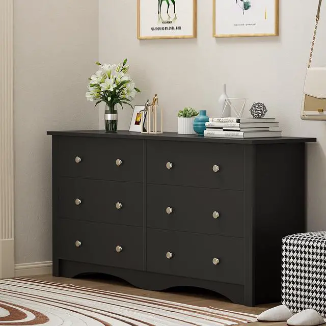 Alt view image 2 of 7 - 6 Drawer Dresser Chests for Bedroom, Storage Dressers Organizer with Anti-Tilt Devices, Modern Wide Wood Chest of Drawers for Living Room Hallway Entryway (Black)