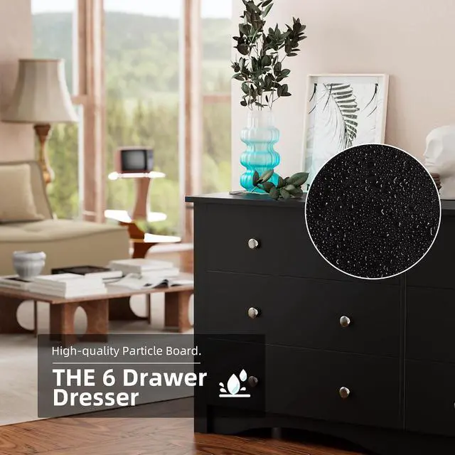 Alt view image 4 of 7 - 6 Drawer Dresser Chests for Bedroom, Storage Dressers Organizer with Anti-Tilt Devices, Modern Wide Wood Chest of Drawers for Living Room Hallway Entryway (Black)