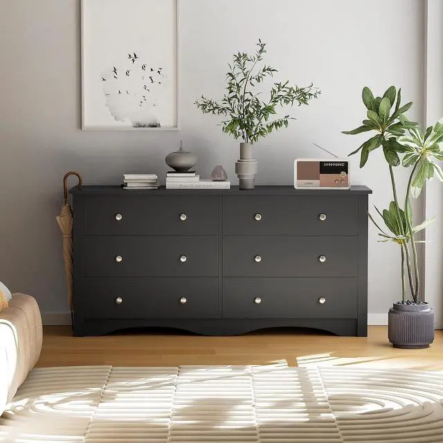 Alt view image 6 of 7 - 6 Drawer Dresser Chests for Bedroom, Storage Dressers Organizer with Anti-Tilt Devices, Modern Wide Wood Chest of Drawers for Living Room Hallway Entryway (Black)