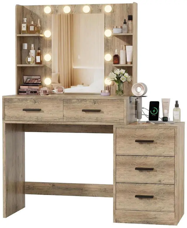 Main image of Makeup Vanity Desk with Mirror and Power Outlet, Vanity with 3 Color Light Options Adjustable Brightness, Vanity Table with 5 Drawers, 6 Storage Shelves, Nightstands (Rustic Oak)