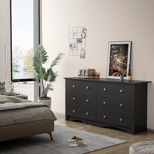 Alt view image 5 of 7 - 6 Drawer Dresser Chests for Bedroom, Storage Dressers Organizer with Anti-Tilt Devices, Modern Wide Wood Chest of Drawers for Living Room Hallway Entryway (Black)