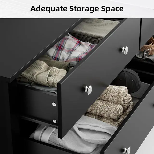 Alt view image 7 of 7 - 6 Drawer Dresser Chests for Bedroom, Storage Dressers Organizer with Anti-Tilt Devices, Modern Wide Wood Chest of Drawers for Living Room Hallway Entryway (Black)