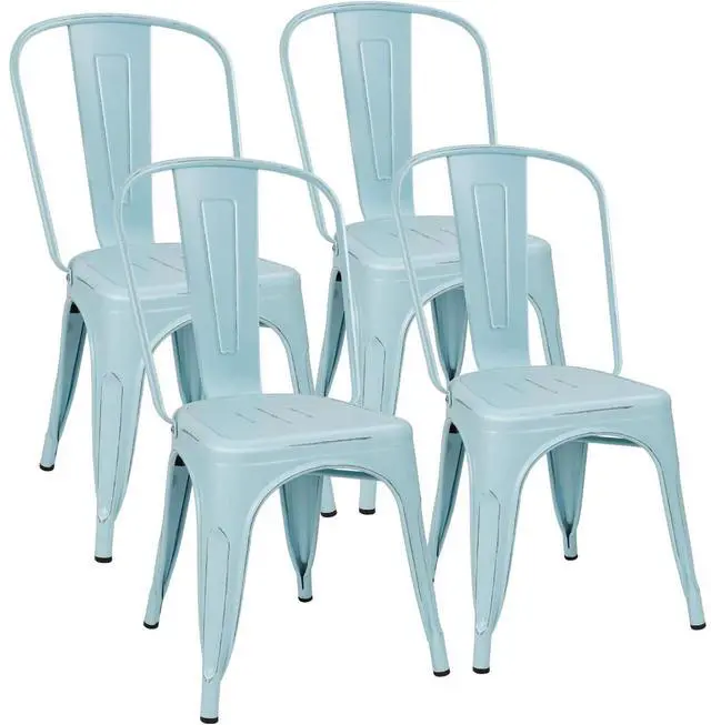 Main image of Metal Dining Chairs Indoor-Outdoor Use Stackable Side Chairs with Back Industrial Kitchen Classic Trattoria Chair Set of 4 (Distressed Blue)