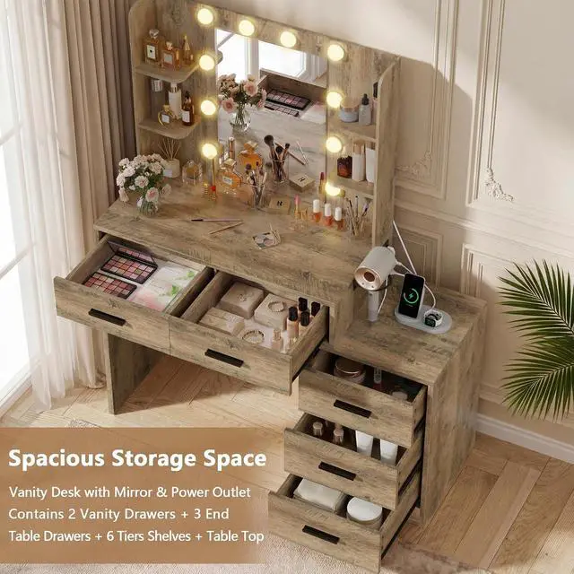 Alt view image 3 of 7 - Makeup Vanity Desk with Mirror and Power Outlet, Vanity with 3 Color Light Options Adjustable Brightness, Vanity Table with 5 Drawers, 6 Storage Shelves, Nightstands (Rustic Oak)