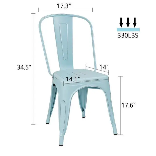 Alt view image 3 of 7 - Metal Dining Chairs Indoor-Outdoor Use Stackable Side Chairs with Back Industrial Kitchen Classic Trattoria Chair Set of 4 (Distressed Blue)