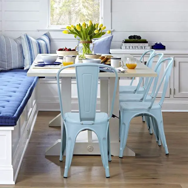 Alt view image 2 of 7 - Metal Dining Chairs Indoor-Outdoor Use Stackable Side Chairs with Back Industrial Kitchen Classic Trattoria Chair Set of 4 (Distressed Blue)