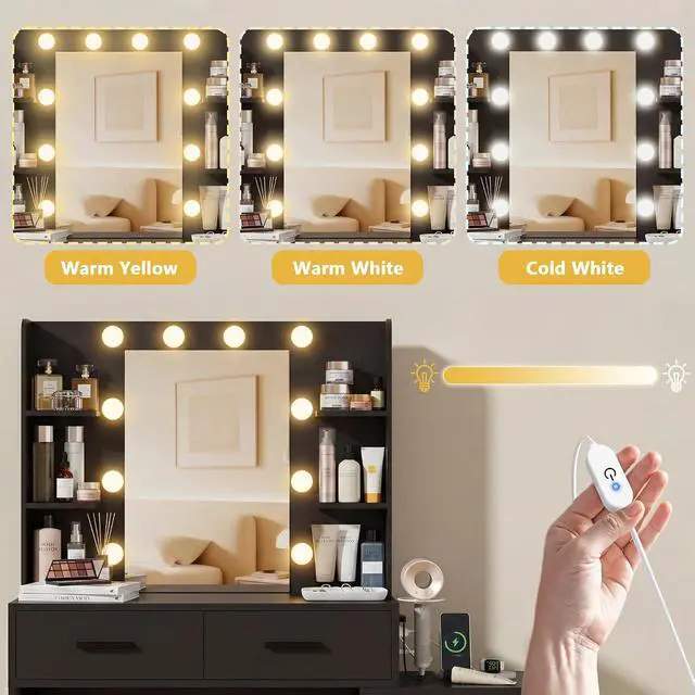Alt view image 5 of 7 - Makeup Vanity Desk with Mirror and Power Outlet, Vanity with 3 Color Light Options Adjustable Brightness, Vanity Table with 5 Drawers, 6 Storage Shelves, Nightstands (Black)