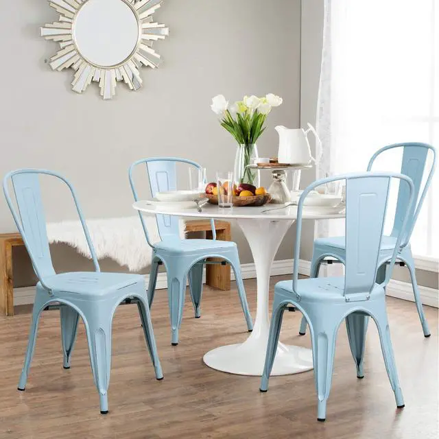 Alt view image 6 of 7 - Metal Dining Chairs Indoor-Outdoor Use Stackable Side Chairs with Back Industrial Kitchen Classic Trattoria Chair Set of 4 (Distressed Blue)