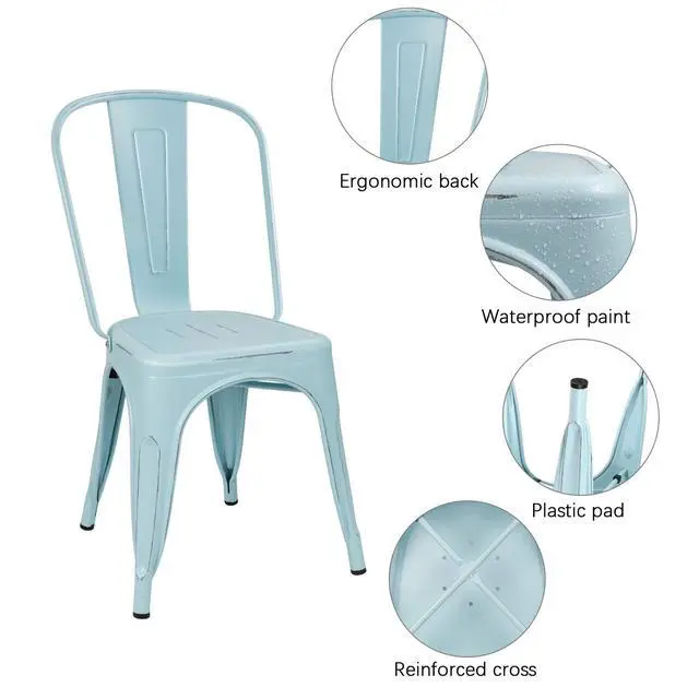 Alt view image 5 of 7 - Metal Dining Chairs Indoor-Outdoor Use Stackable Side Chairs with Back Industrial Kitchen Classic Trattoria Chair Set of 4 (Distressed Blue)