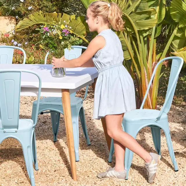 Alt view image 7 of 7 - Metal Dining Chairs Indoor-Outdoor Use Stackable Side Chairs with Back Industrial Kitchen Classic Trattoria Chair Set of 4 (Distressed Blue)