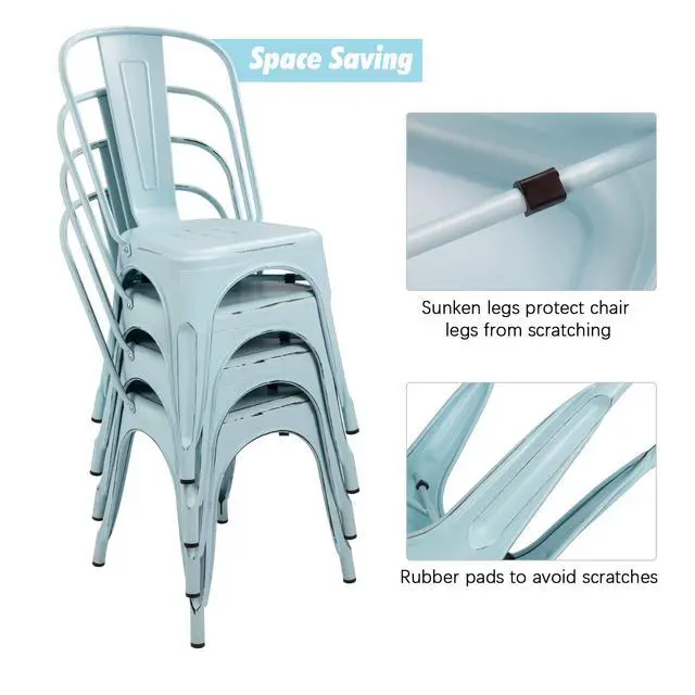 Alt view image 4 of 7 - Metal Dining Chairs Indoor-Outdoor Use Stackable Side Chairs with Back Industrial Kitchen Classic Trattoria Chair Set of 4 (Distressed Blue)