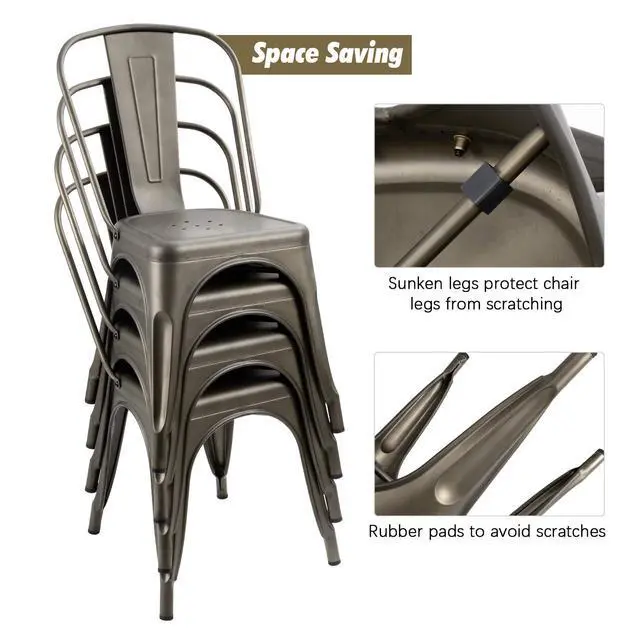 Alt view image 4 of 6 - Metal Dining Chairs - Stackable Kitchen & Restaurant Side Chairs, Set of 4 (Gun Metal)