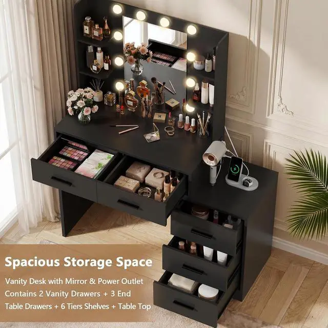 Alt view image 3 of 7 - Makeup Vanity Desk with Mirror and Power Outlet, Vanity with 3 Color Light Options Adjustable Brightness, Vanity Table with 5 Drawers, 6 Storage Shelves, Nightstands (Black)